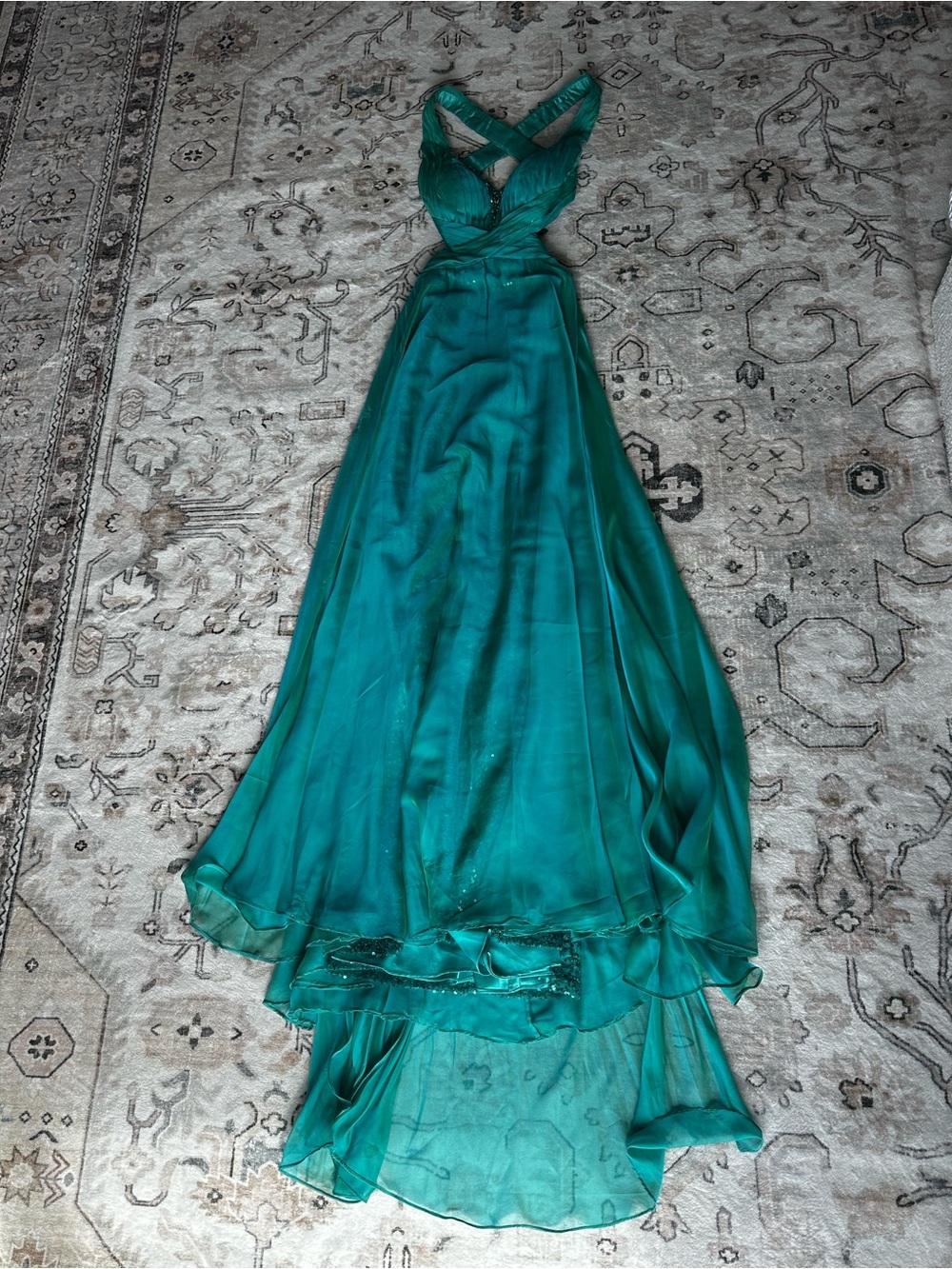 Peacock Green Cross-Back Chiffon Evening Dress